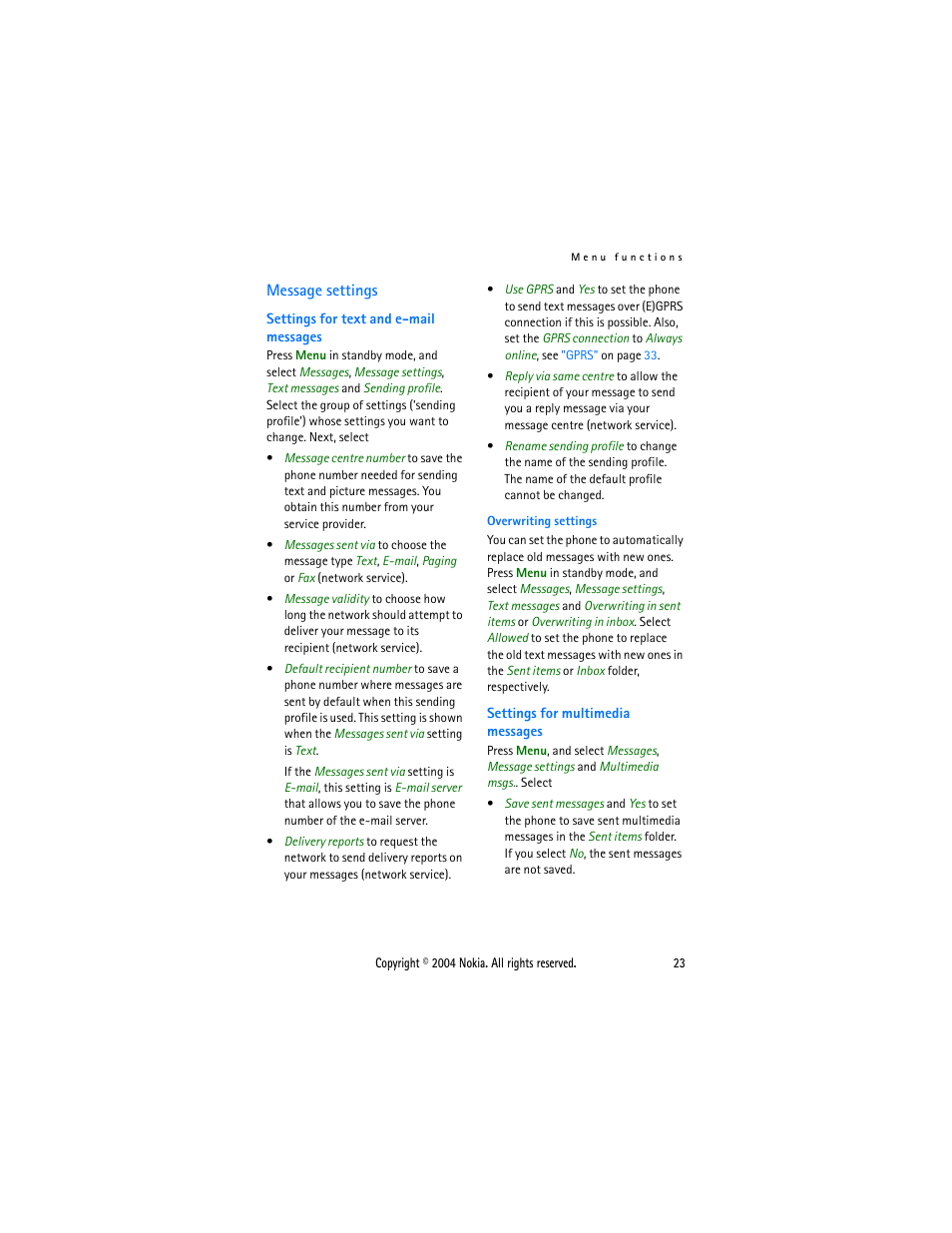 Message settings, Message, Settings | Settings for, Multimedia messages | Nokia 3200 User Manual | Page 34 / 73