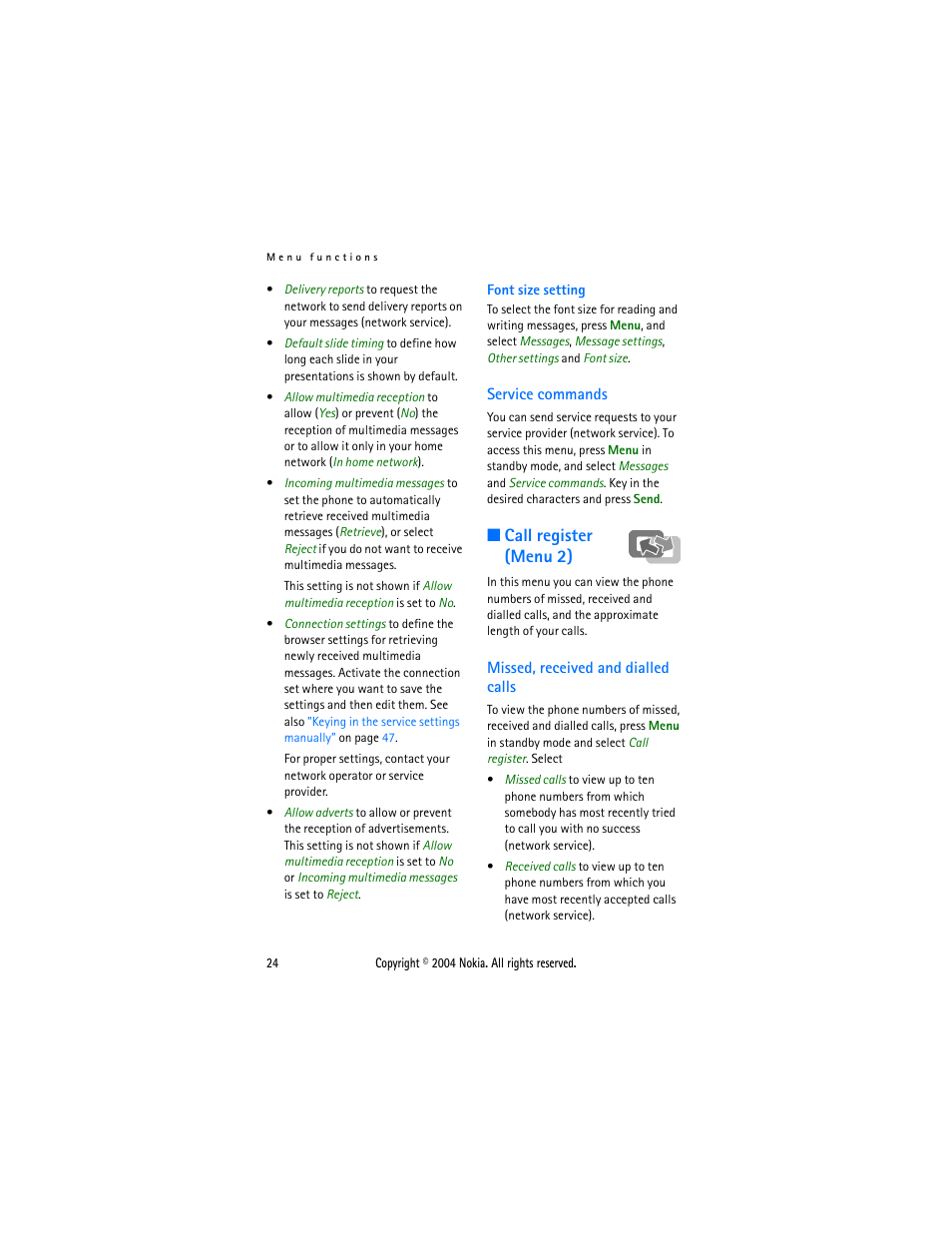 Service commands, Call register (menu 2), Missed, received and dialled calls | Nokia 3200 User Manual | Page 35 / 73