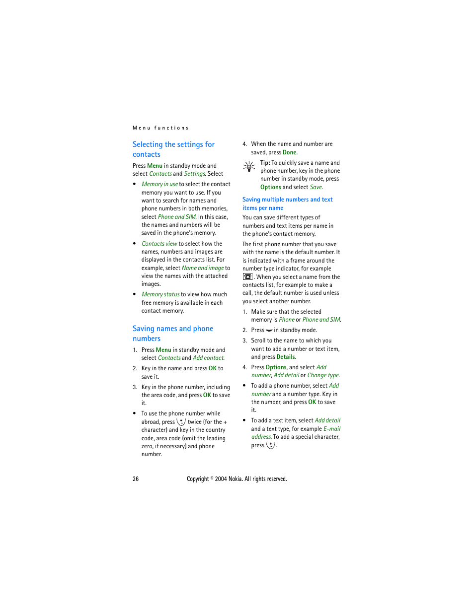 Selecting the settings for contacts, Saving names and phone numbers, Saving multiple numbers and text items per name | Nokia 3200 User Manual | Page 37 / 73