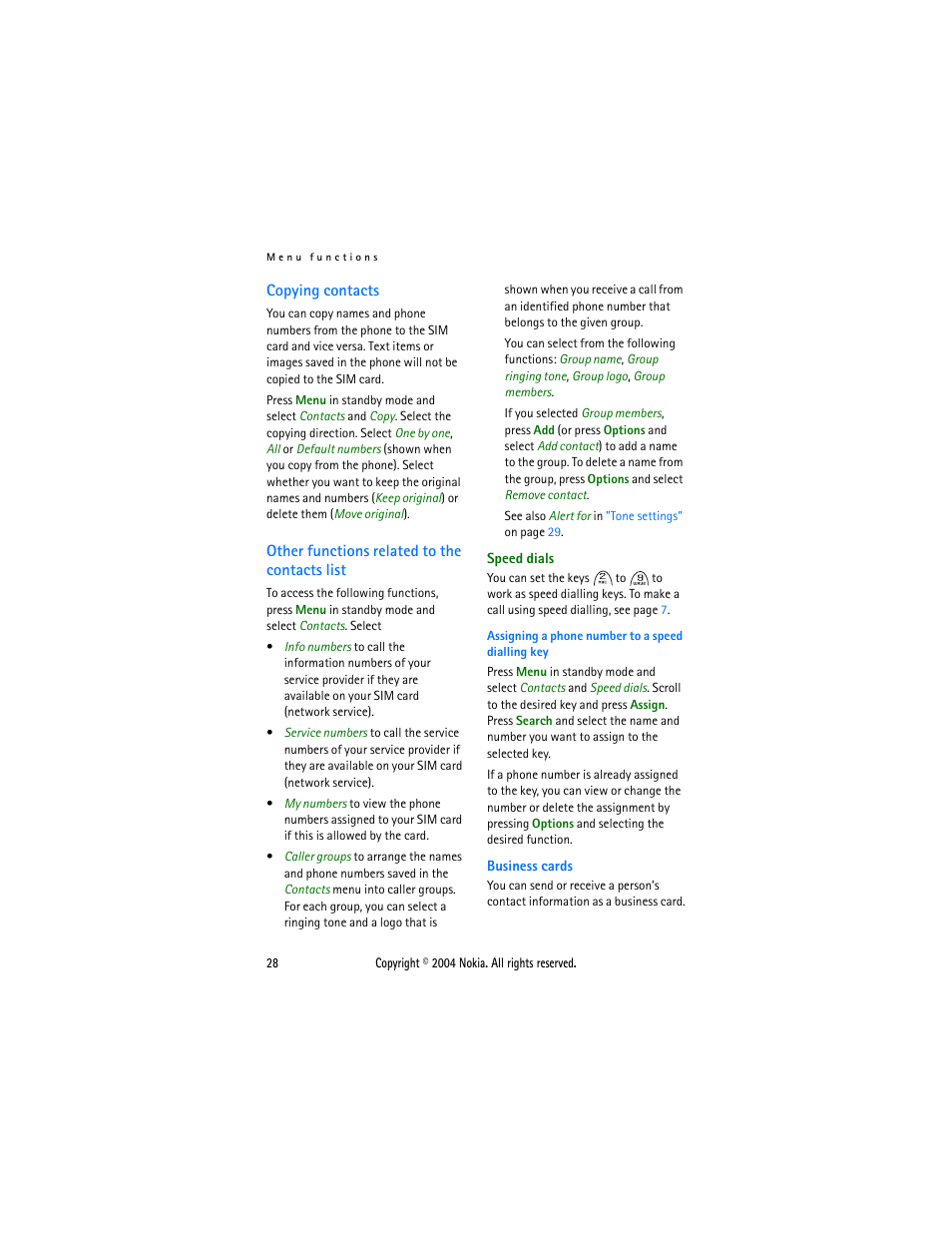 Copying contacts, Other functions related to the contacts list, Speed dials | Nokia 3200 User Manual | Page 39 / 73