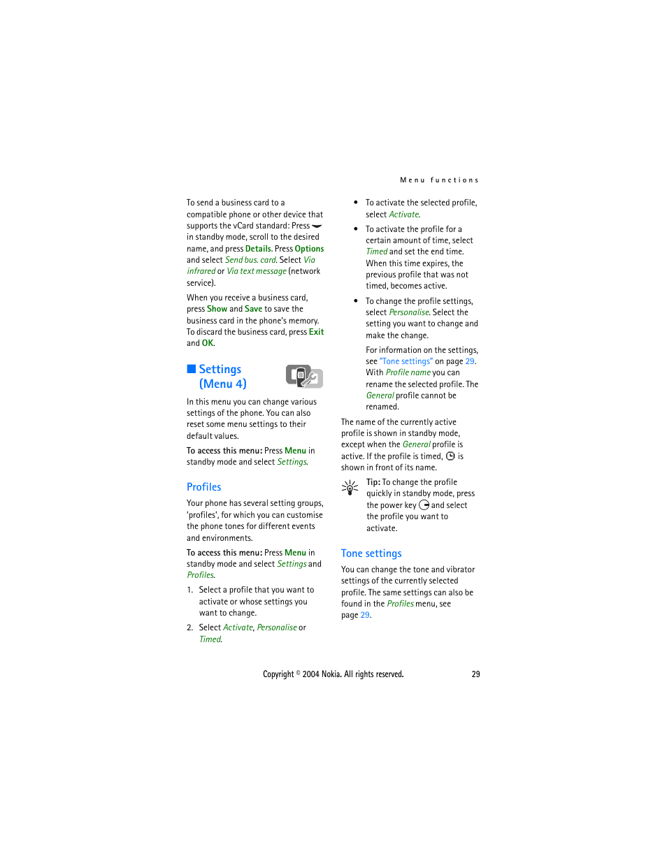 Settings (menu 4), Profiles, Tone settings | Profiles tone settings | Nokia 3200 User Manual | Page 40 / 73
