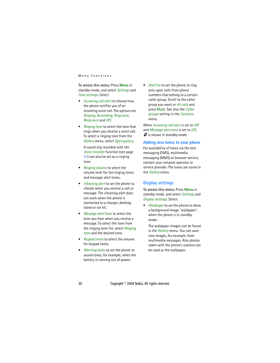 Display settings | Nokia 3200 User Manual | Page 41 / 73