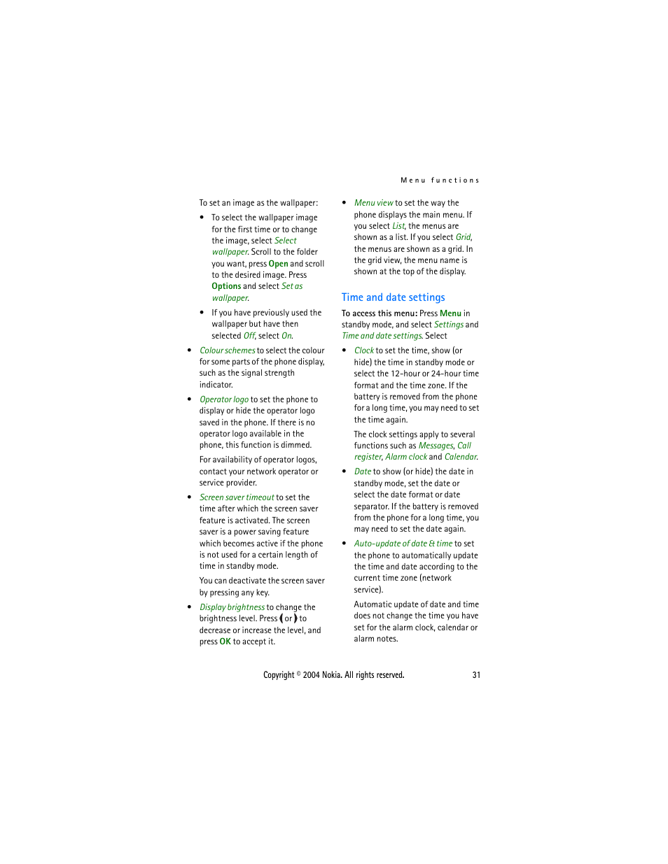 Time and date settings | Nokia 3200 User Manual | Page 42 / 73