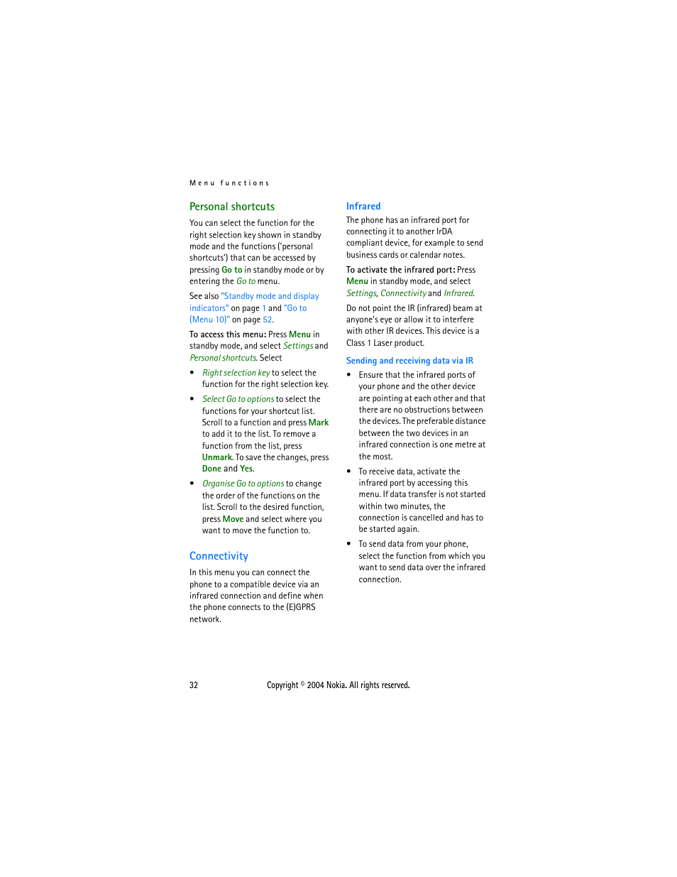 Personal shortcuts, Connectivity, Personal shortcuts connectivity | Nokia 3200 User Manual | Page 43 / 73