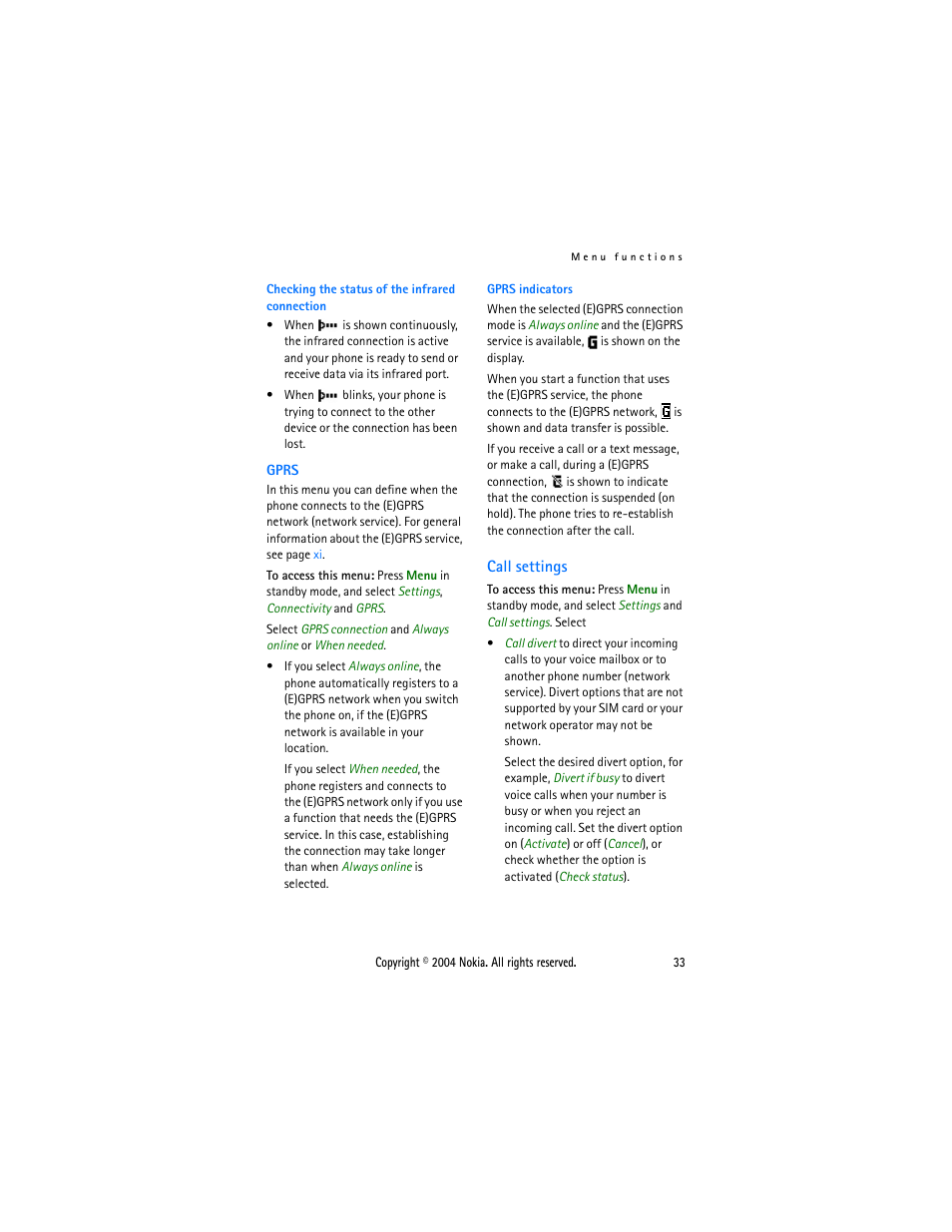 Call settings, Gprs | Nokia 3200 User Manual | Page 44 / 73