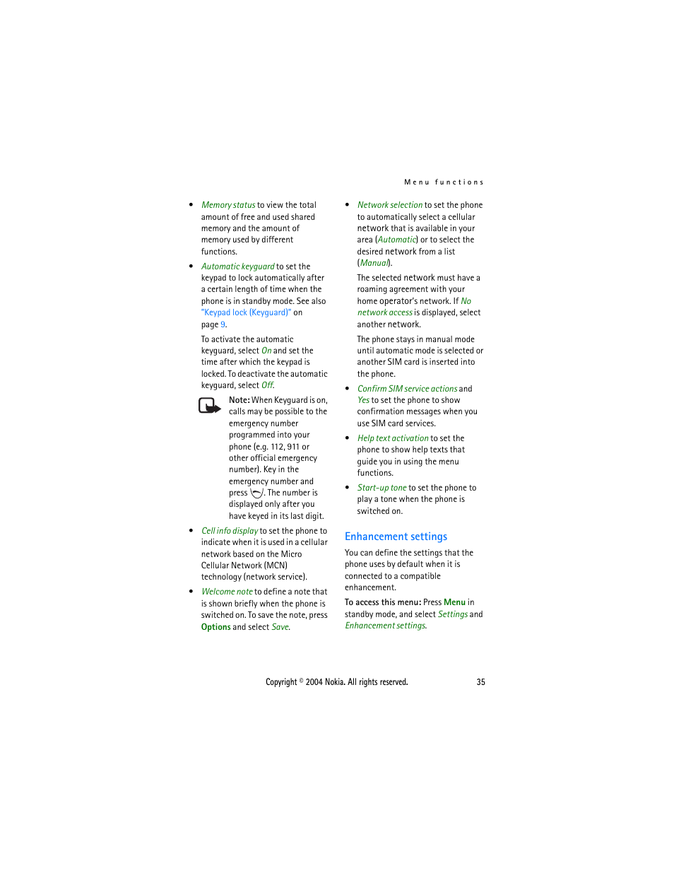 Enhancement settings | Nokia 3200 User Manual | Page 46 / 73