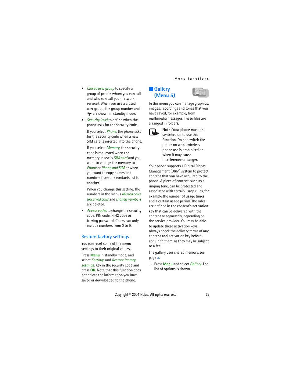 Restore factory settings, Gallery (menu 5) | Nokia 3200 User Manual | Page 48 / 73