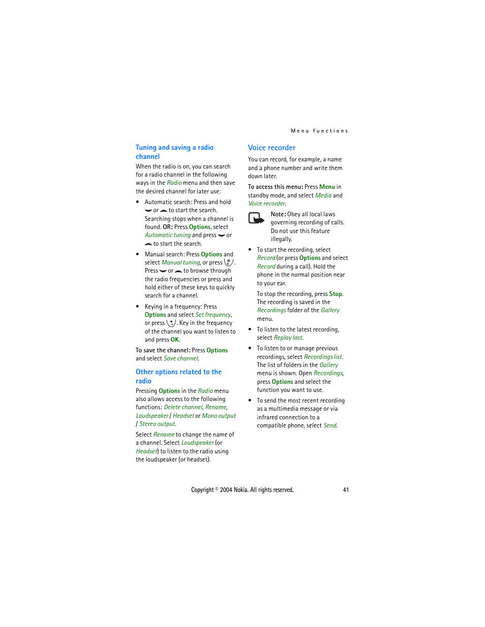 Voice recorder | Nokia 3200 User Manual | Page 52 / 73