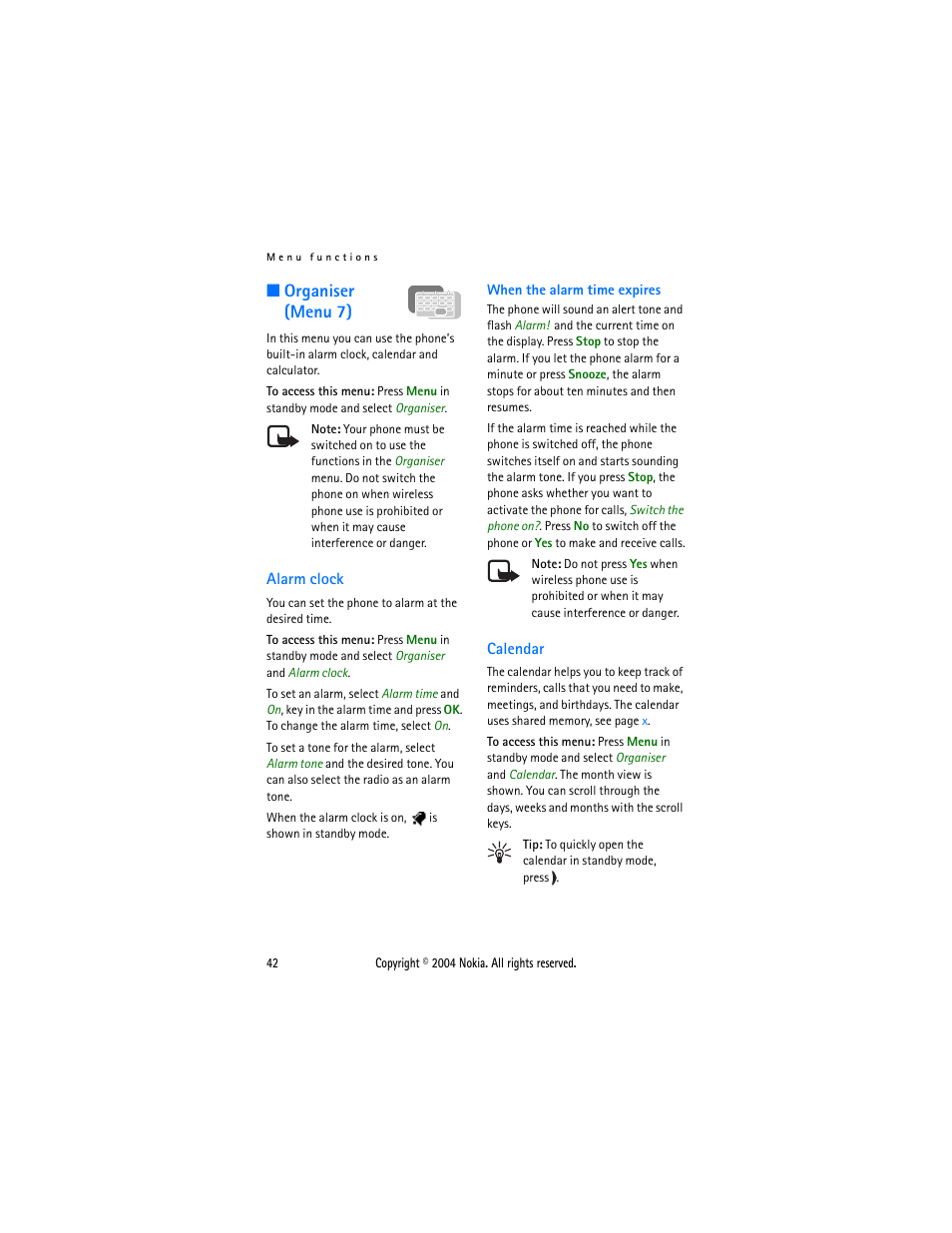 Organiser (menu 7), Alarm clock, Calendar | Alarm clock calendar | Nokia 3200 User Manual | Page 53 / 73