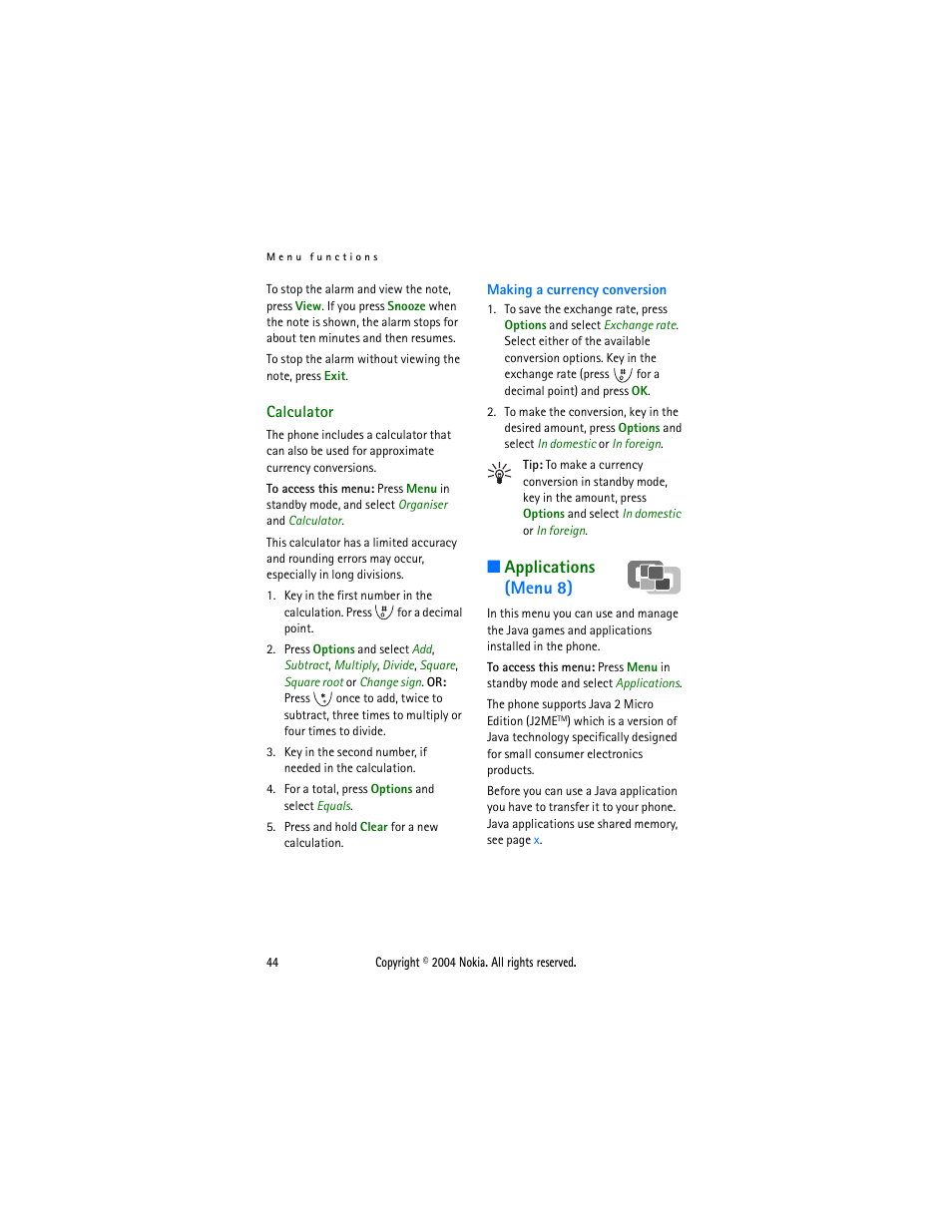 Calculator, Applications (menu 8) | Nokia 3200 User Manual | Page 55 / 73