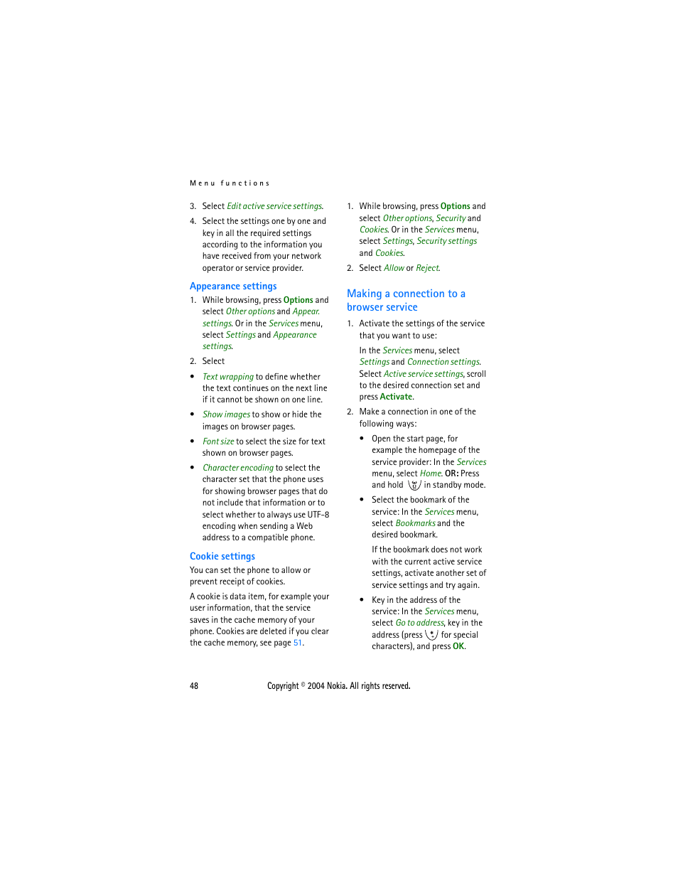 Making a connection to a browser service | Nokia 3200 User Manual | Page 59 / 73