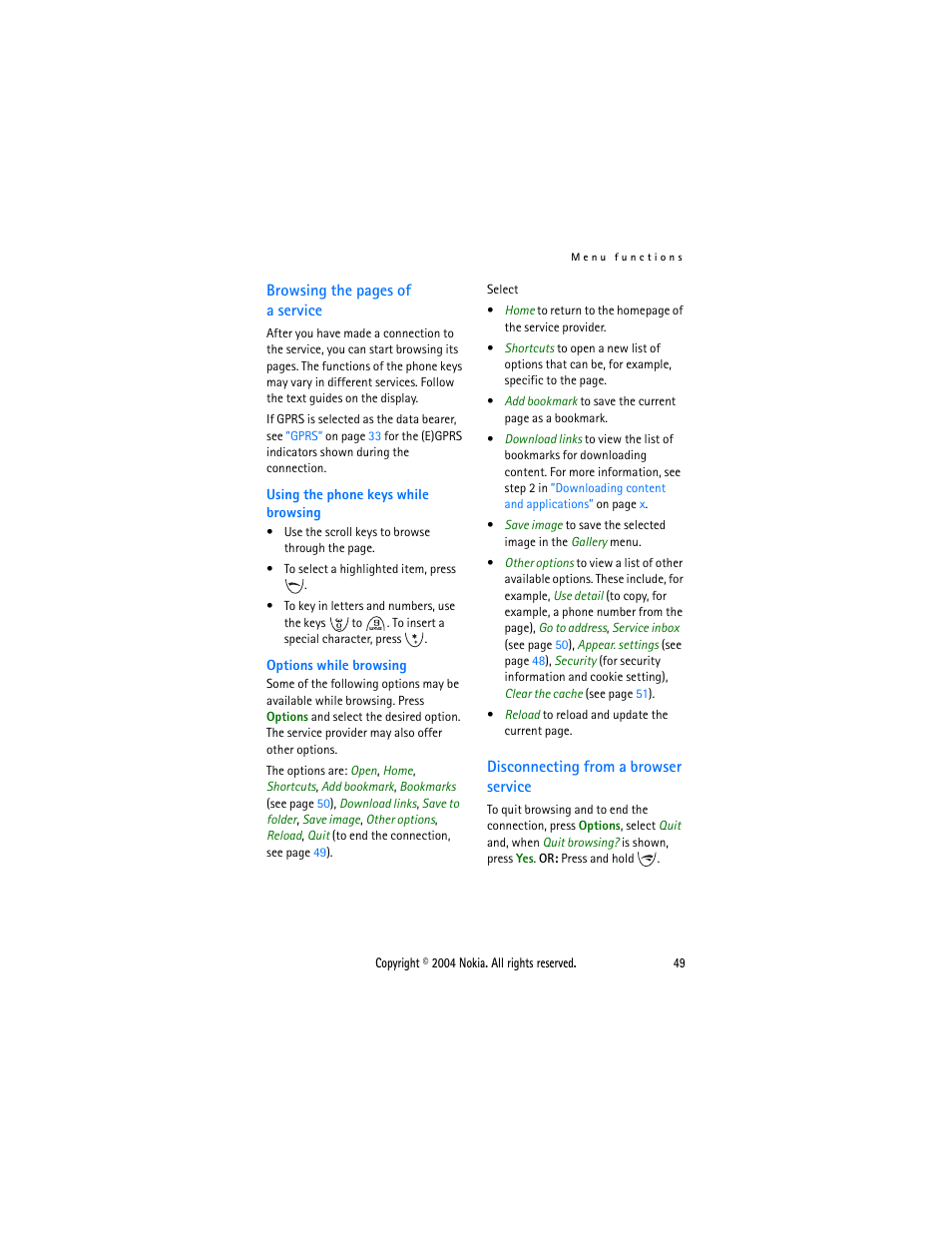 Disconnecting from a browser service | Nokia 3200 User Manual | Page 60 / 73