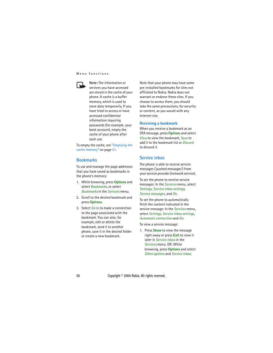 Bookmarks, Service inbox, Bookmarks service inbox | Nokia 3200 User Manual | Page 61 / 73