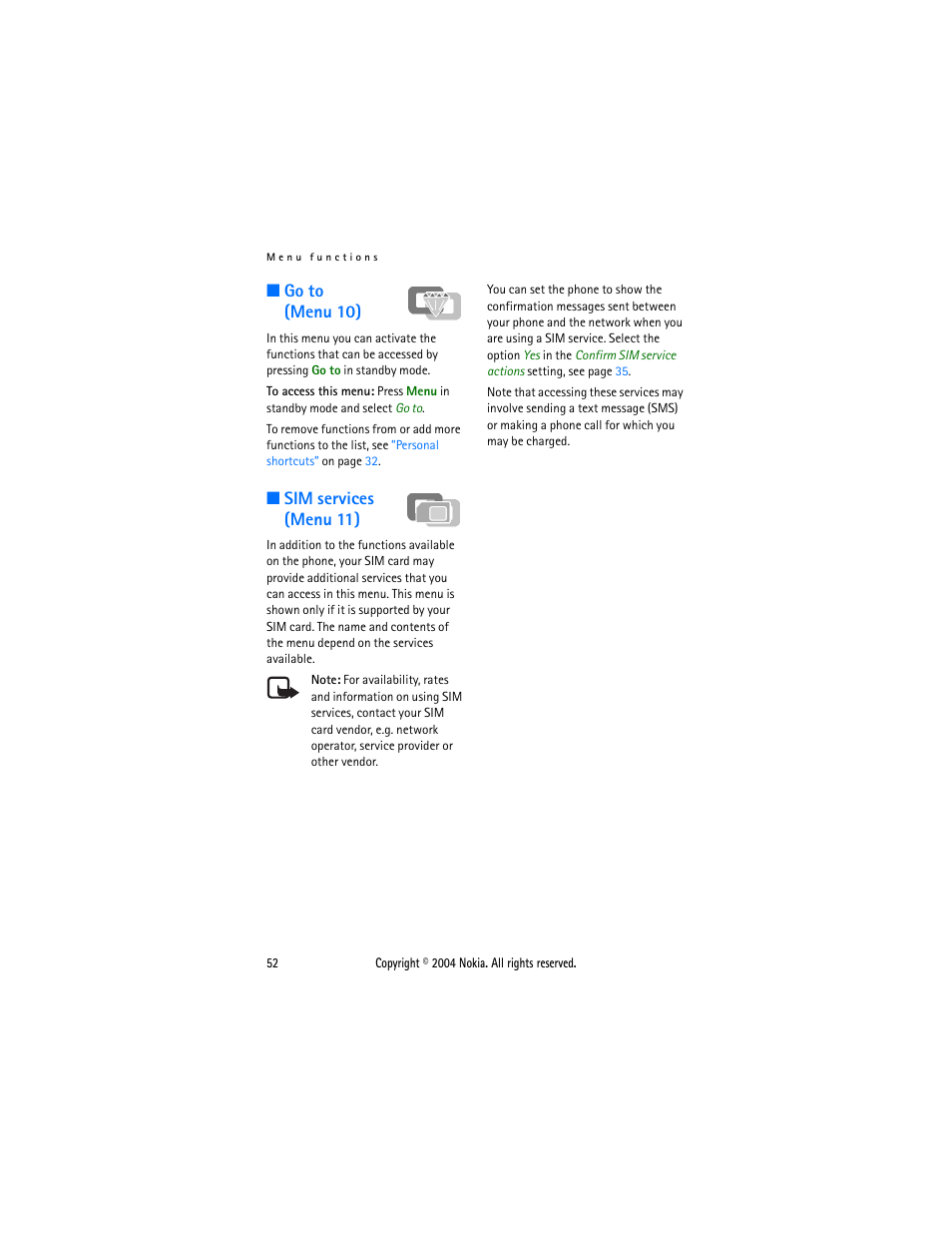 Go to (menu 10), Sim services (menu 11), Go to (menu 10) sim services (menu 11) | Go to, Menu 10) | Nokia 3200 User Manual | Page 63 / 73