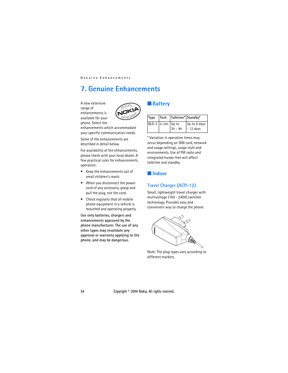 Genuine enhancements, Battery, Indoor | Travel charger (acp-12), Battery indoor | Nokia 3200 User Manual | Page 65 / 73