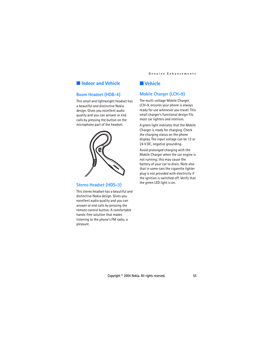 Indoor and vehicle, Boom headset (hdb-4), Stereo headset (hds-3) | Vehicle, Mobile charger (lch-9), Boom headset (hdb-4) stereo headset (hds-3) | Nokia 3200 User Manual | Page 66 / 73