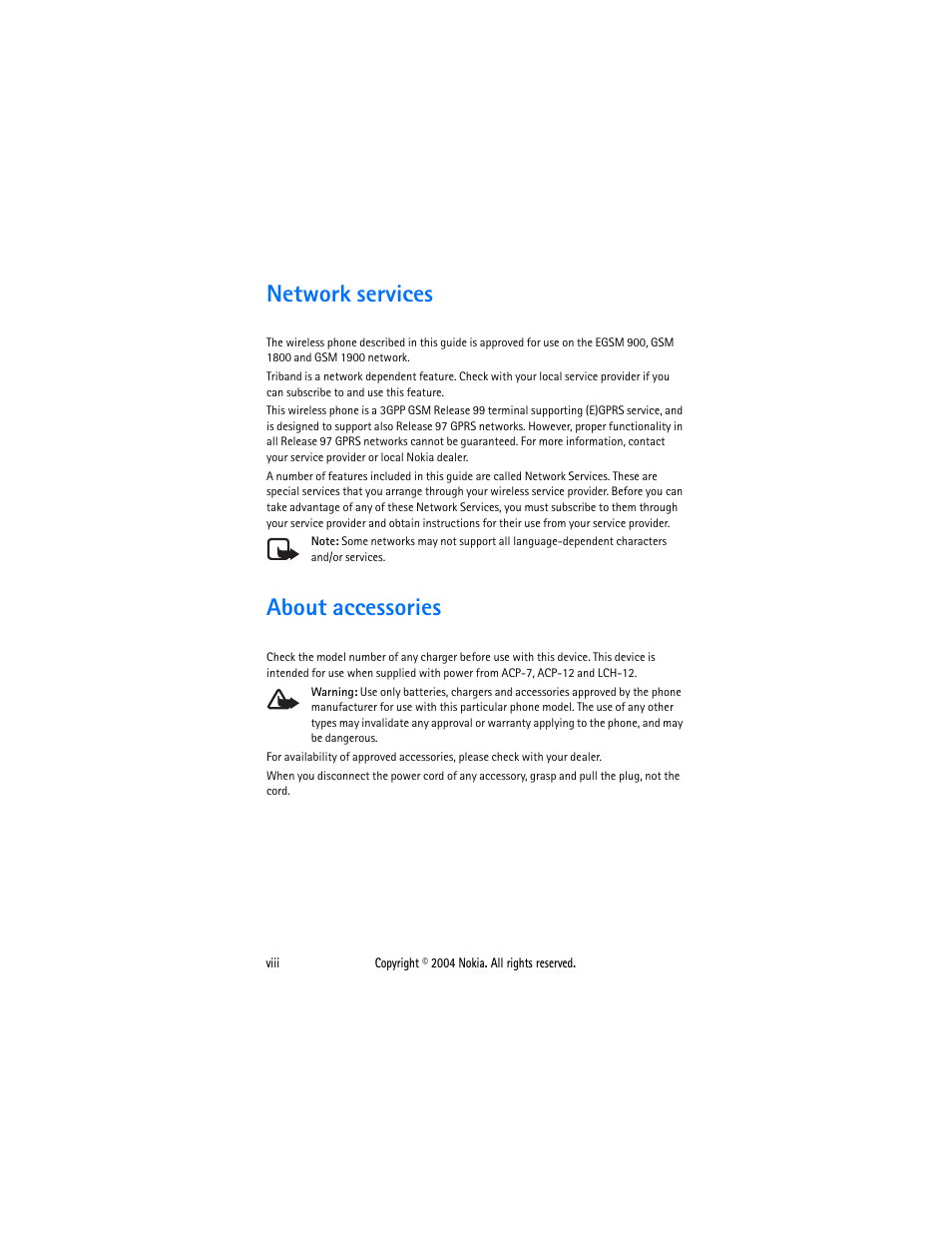 Network services, About accessories, Network services ....................... viii | About accessories ..................... viii | Nokia 3200 User Manual | Page 7 / 73