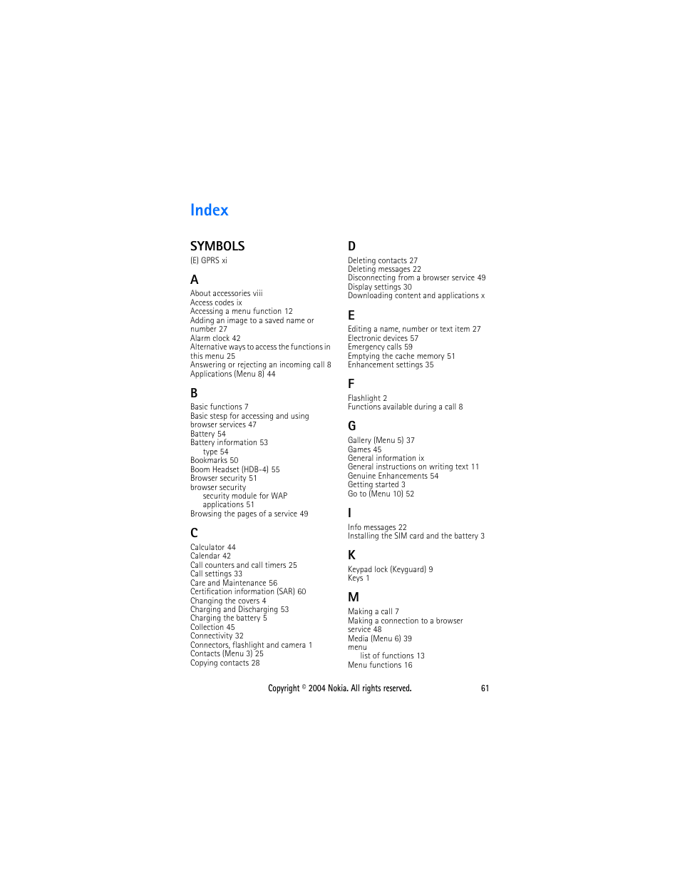 Index | Nokia 3200 User Manual | Page 72 / 73