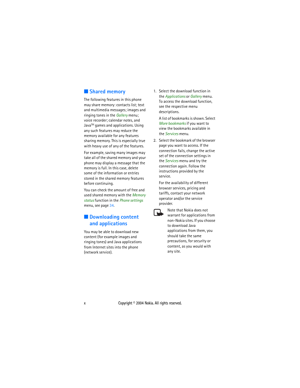 Shared memory, Downloading content and applications | Nokia 3200 User Manual | Page 9 / 73