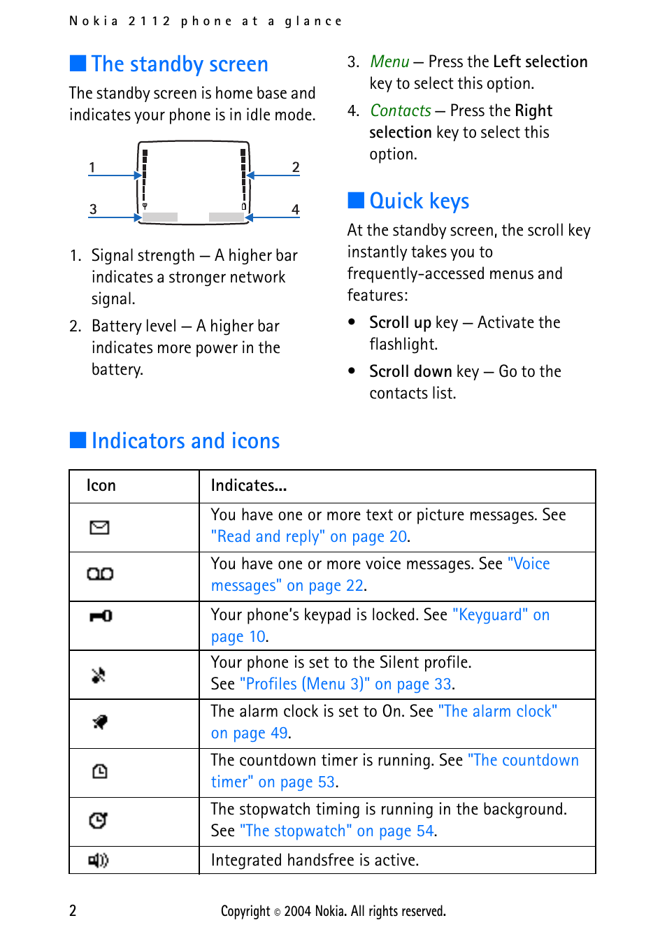 The standby screen, Quick keys, Indicators and icons | The standby screen quick keys indicators and icons | Nokia 2112 User Manual | Page 11 / 78