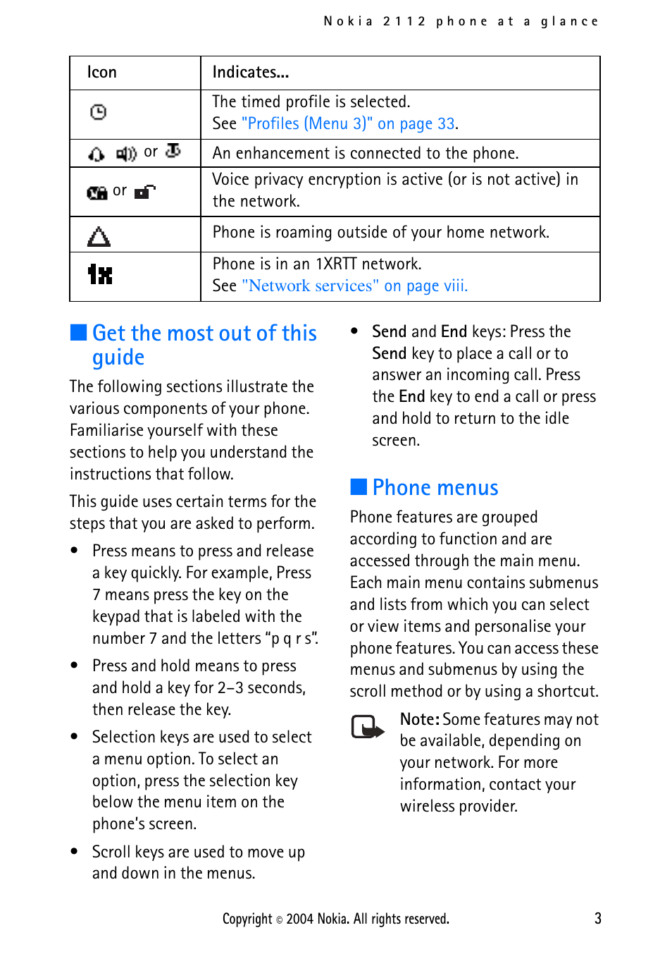 Get the most out of this guide, Phone menus, Get the most out of this guide phone menus | Nokia 2112 User Manual | Page 12 / 78
