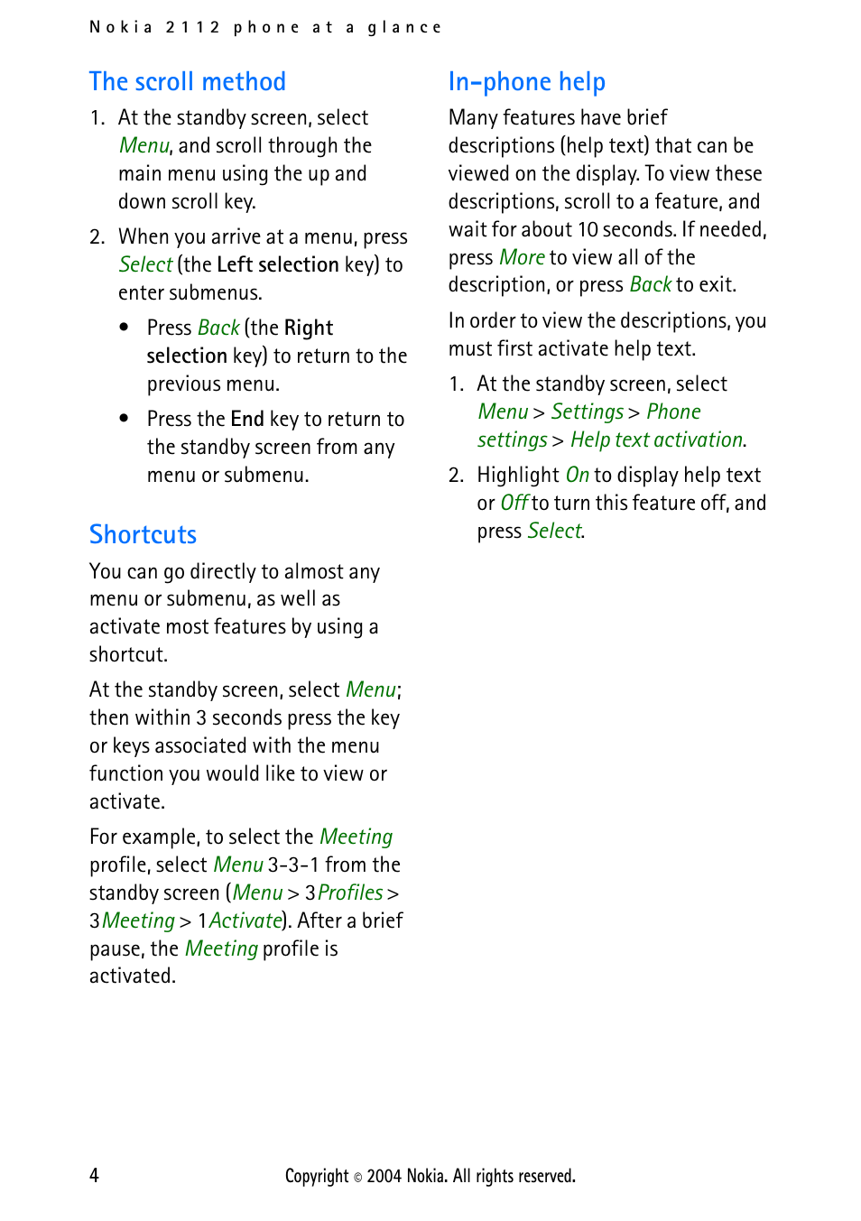 The scroll method, Shortcuts, In-phone help | The scroll method shortcuts in-phone help | Nokia 2112 User Manual | Page 13 / 78