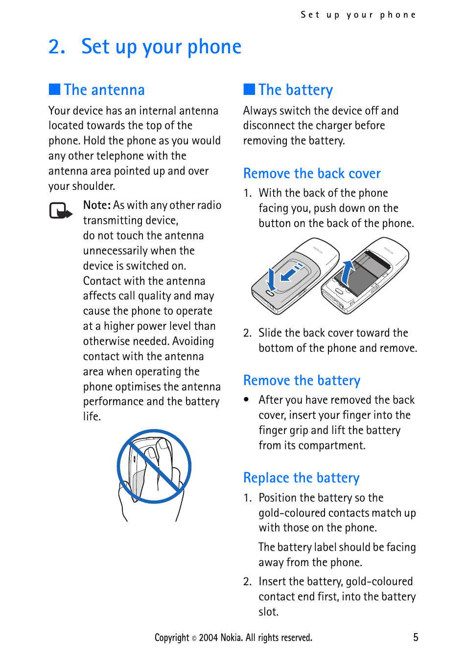 Set up your phone, The antenna, The battery | Remove the back cover, Remove the battery, Replace the battery, The antenna the battery | Nokia 2112 User Manual | Page 14 / 78