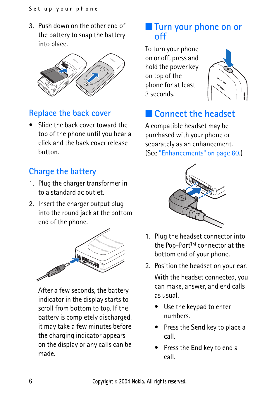 Replace the back cover, Charge the battery, Turn your phone on or off | Connect the headset, Replace the back cover charge the battery, Turn your phone on or off connect the headset | Nokia 2112 User Manual | Page 15 / 78