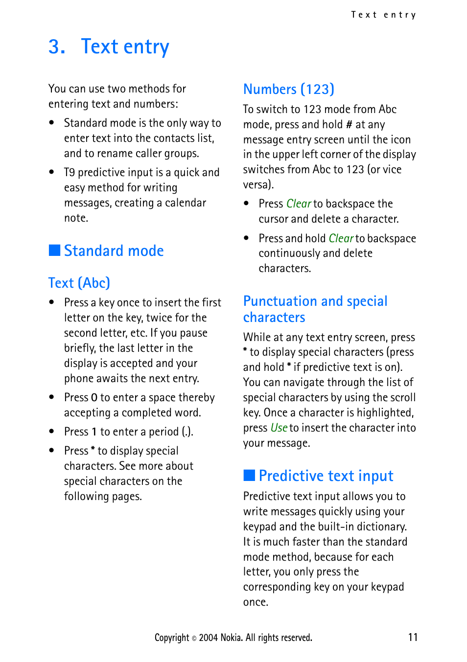 Text entry, Standard mode, Text (abc) | Numbers (123), Punctuation and special characters, Predictive text input | Nokia 2112 User Manual | Page 20 / 78