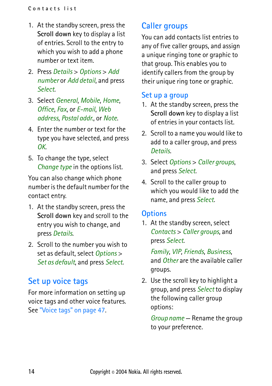 Set up voice tags, Caller groups, Set up a group | Options, Set up voice tags caller groups, Set up a group options | Nokia 2112 User Manual | Page 23 / 78