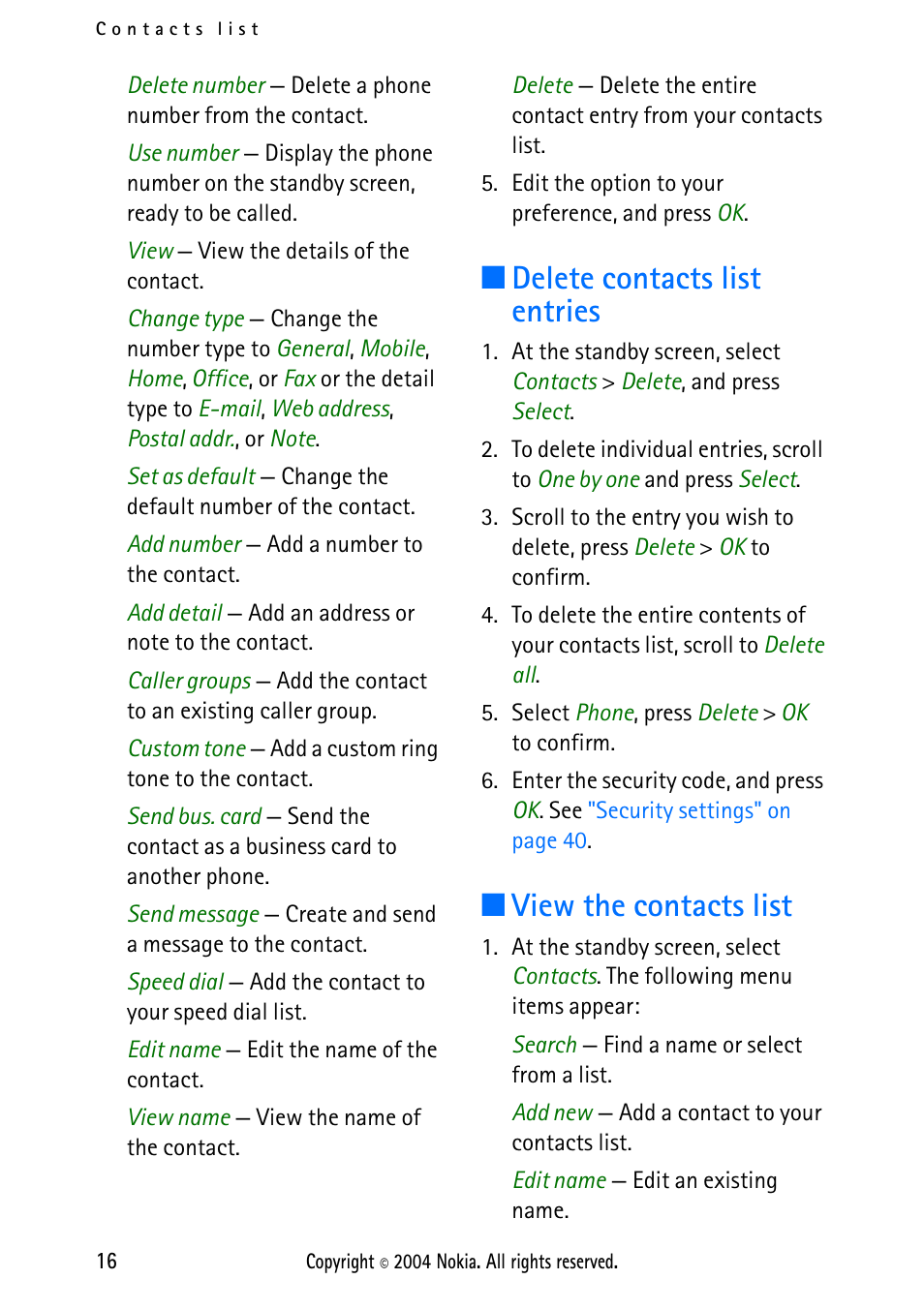 Delete contacts list entries, View the contacts list | Nokia 2112 User Manual | Page 25 / 78