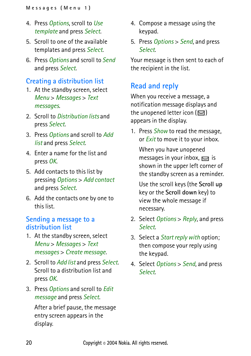 Creating a distribution list, Sending a message to a distribution list, Read and reply | Nokia 2112 User Manual | Page 29 / 78