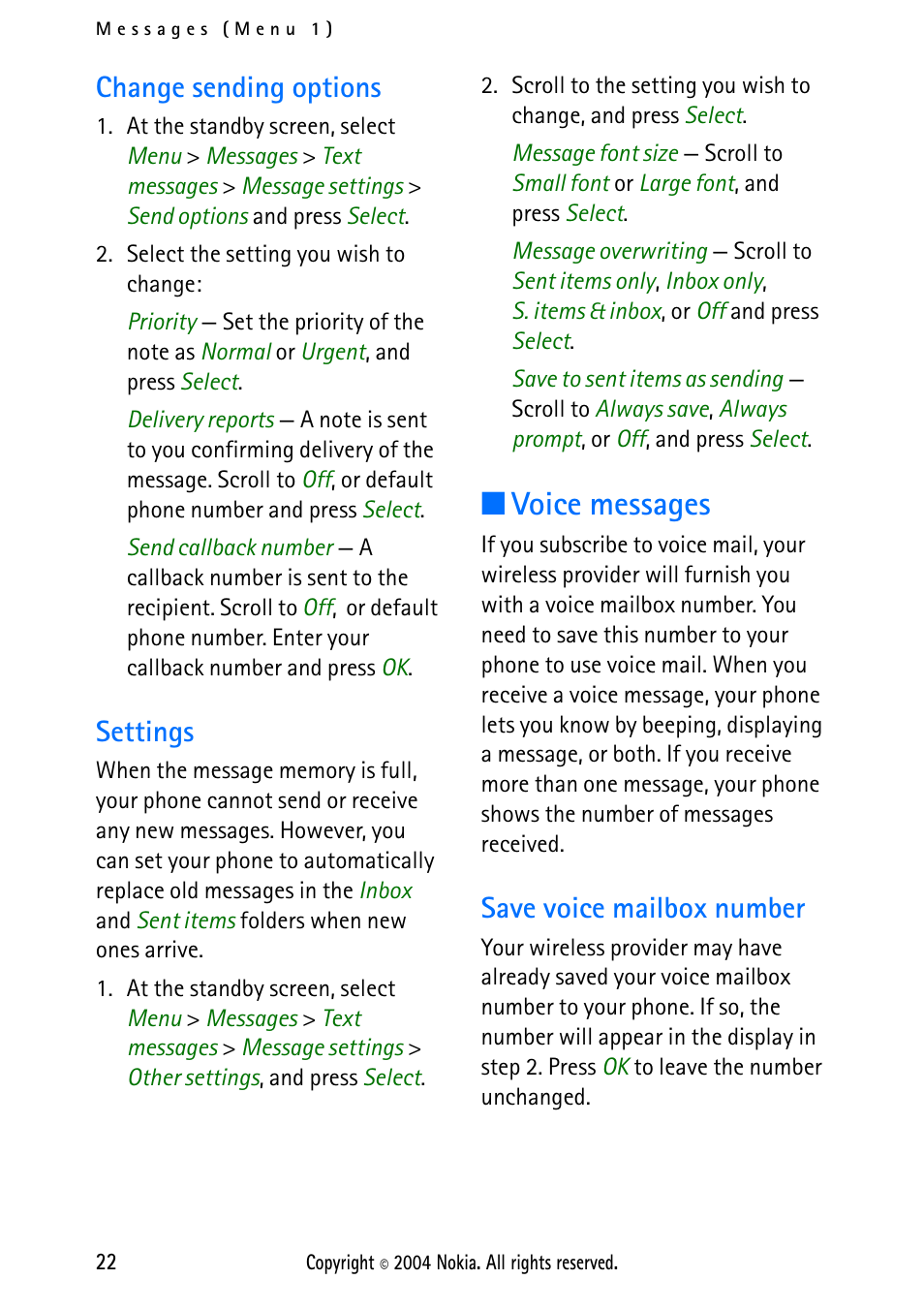 Change sending options, Settings, Voice messages | Save voice mailbox number, Change sending options settings, Voice | Nokia 2112 User Manual | Page 31 / 78