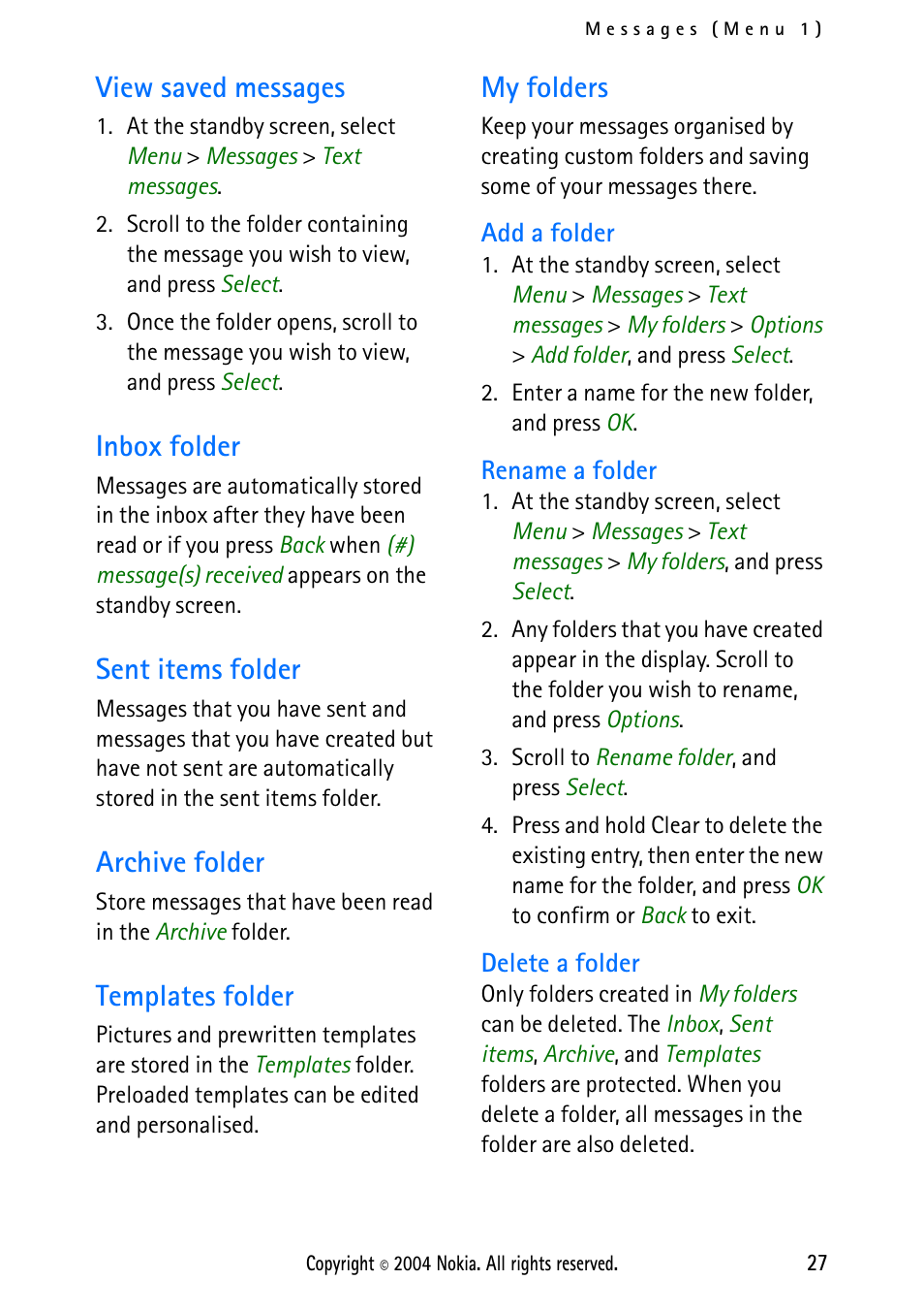 View saved messages, Inbox folder, Sent items folder | Archive folder, Templates folder, My folders, Add a folder, Rename a folder, Delete a folder, Add a folder rename a folder delete a folder | Nokia 2112 User Manual | Page 36 / 78