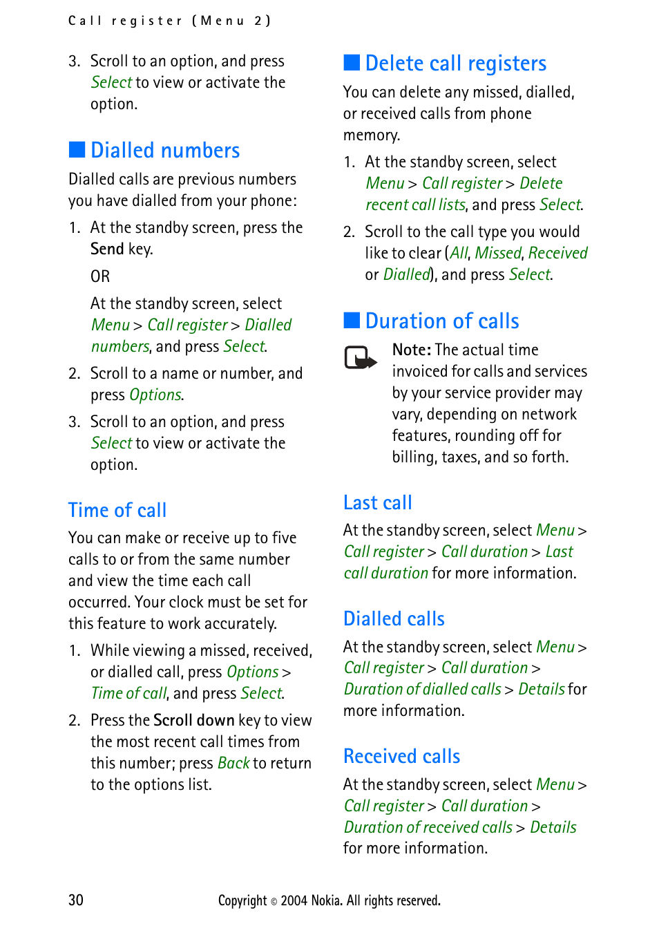 Dialled numbers, Time of call, Delete call registers | Duration of calls, Last call, Dialled calls, Received calls, Delete call registers duration of calls, Last call dialled calls received calls | Nokia 2112 User Manual | Page 39 / 78