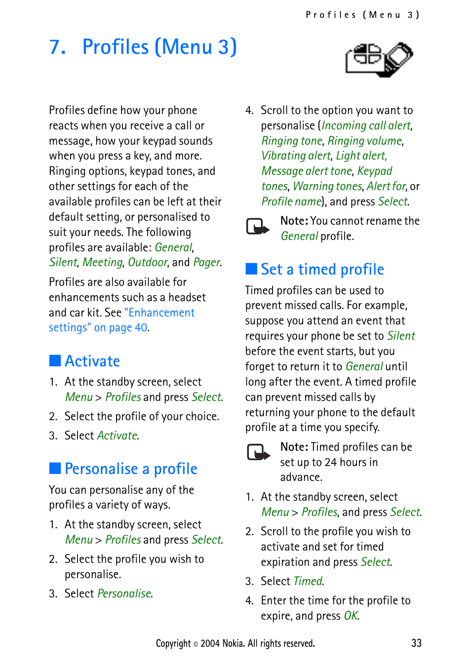 Profiles (menu 3), Activate, Personalise a profile | Set a timed profile, Activate personalise a profile set a timed profile | Nokia 2112 User Manual | Page 42 / 78