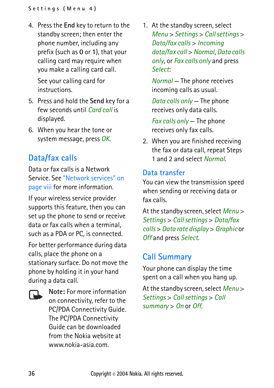 Data/fax calls, Data transfer, Call summary | Nokia 2112 User Manual | Page 45 / 78