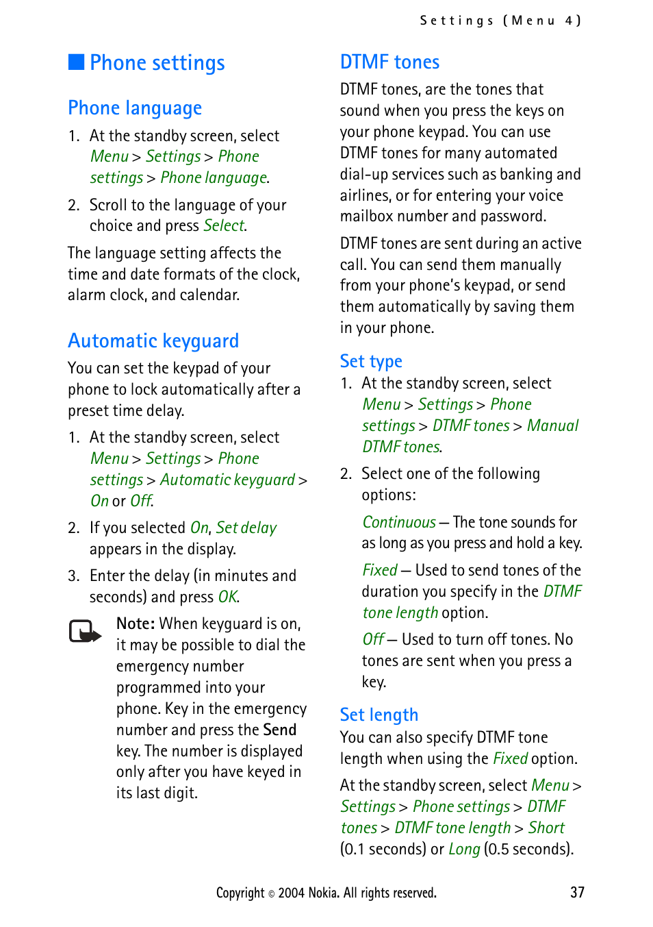 Phone settings, Phone language, Automatic keyguard | Dtmf tones, Set type, Set length, Phone language automatic keyguard dtmf tones, Set type set length | Nokia 2112 User Manual | Page 46 / 78