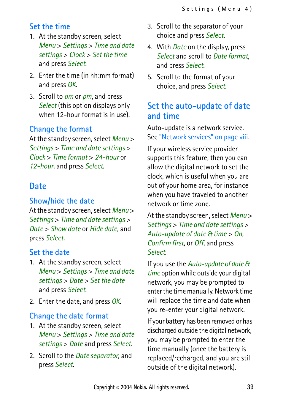 Set the time, Change the format, Date | Show/hide the date, Set the date, Change the date format, Set the auto-update of date and time, Set the time change the format | Nokia 2112 User Manual | Page 48 / 78