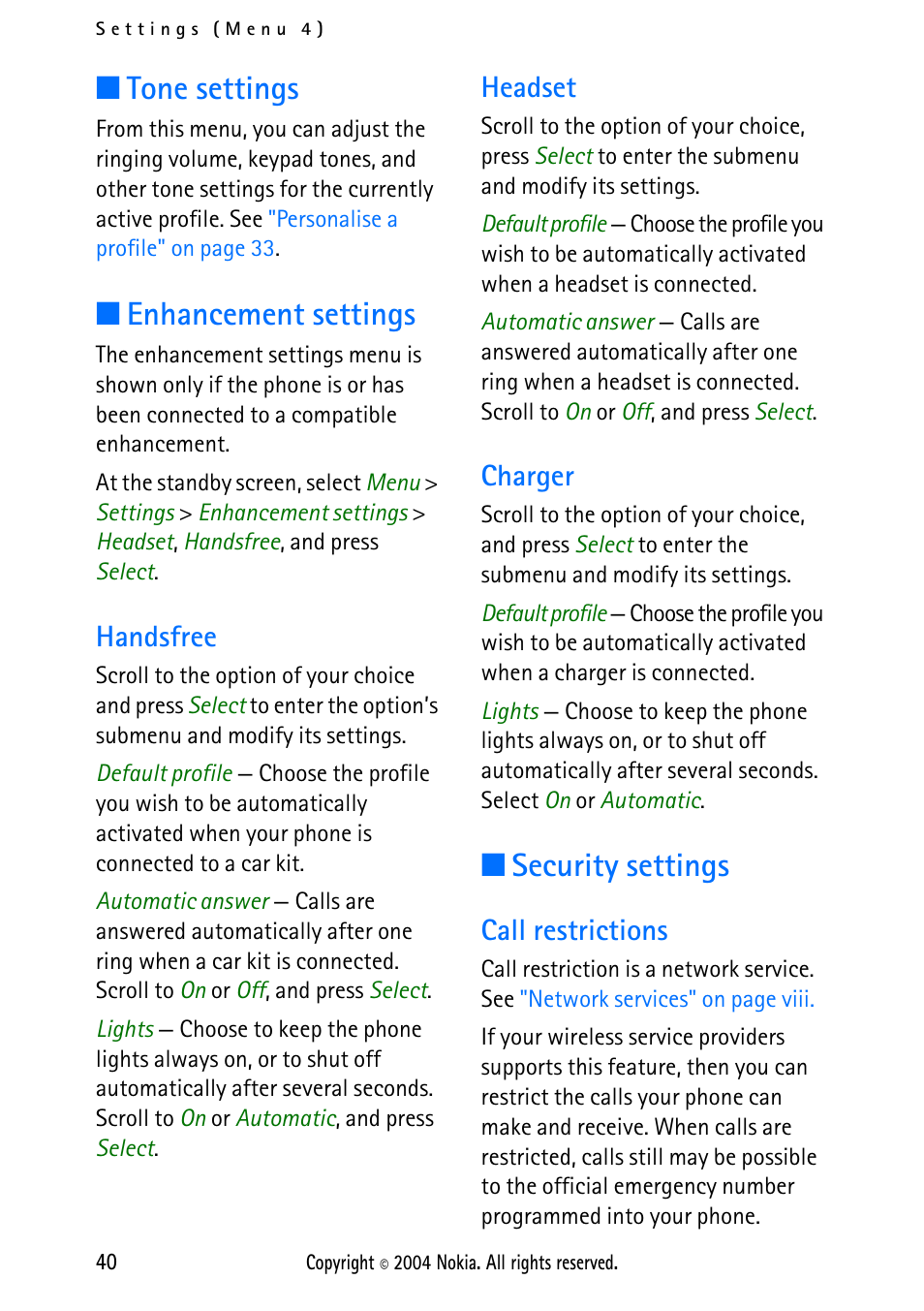 Tone settings, Enhancement settings, Handsfree | Headset, Charger, Security settings, Call restrictions, Tone settings enhancement settings, Handsfree headset charger | Nokia 2112 User Manual | Page 49 / 78