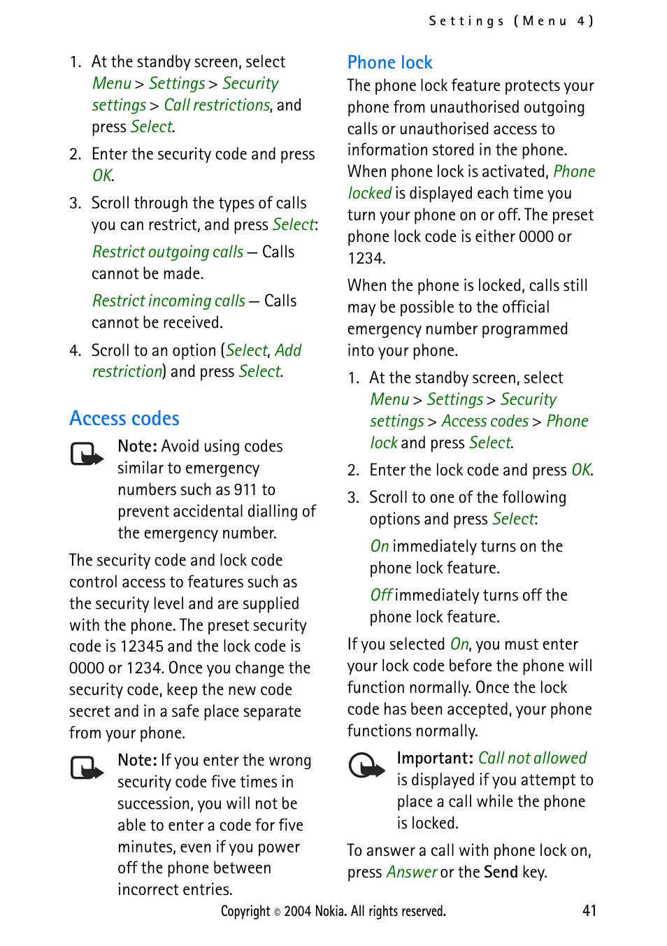 Access codes, Phone lock | Nokia 2112 User Manual | Page 50 / 78