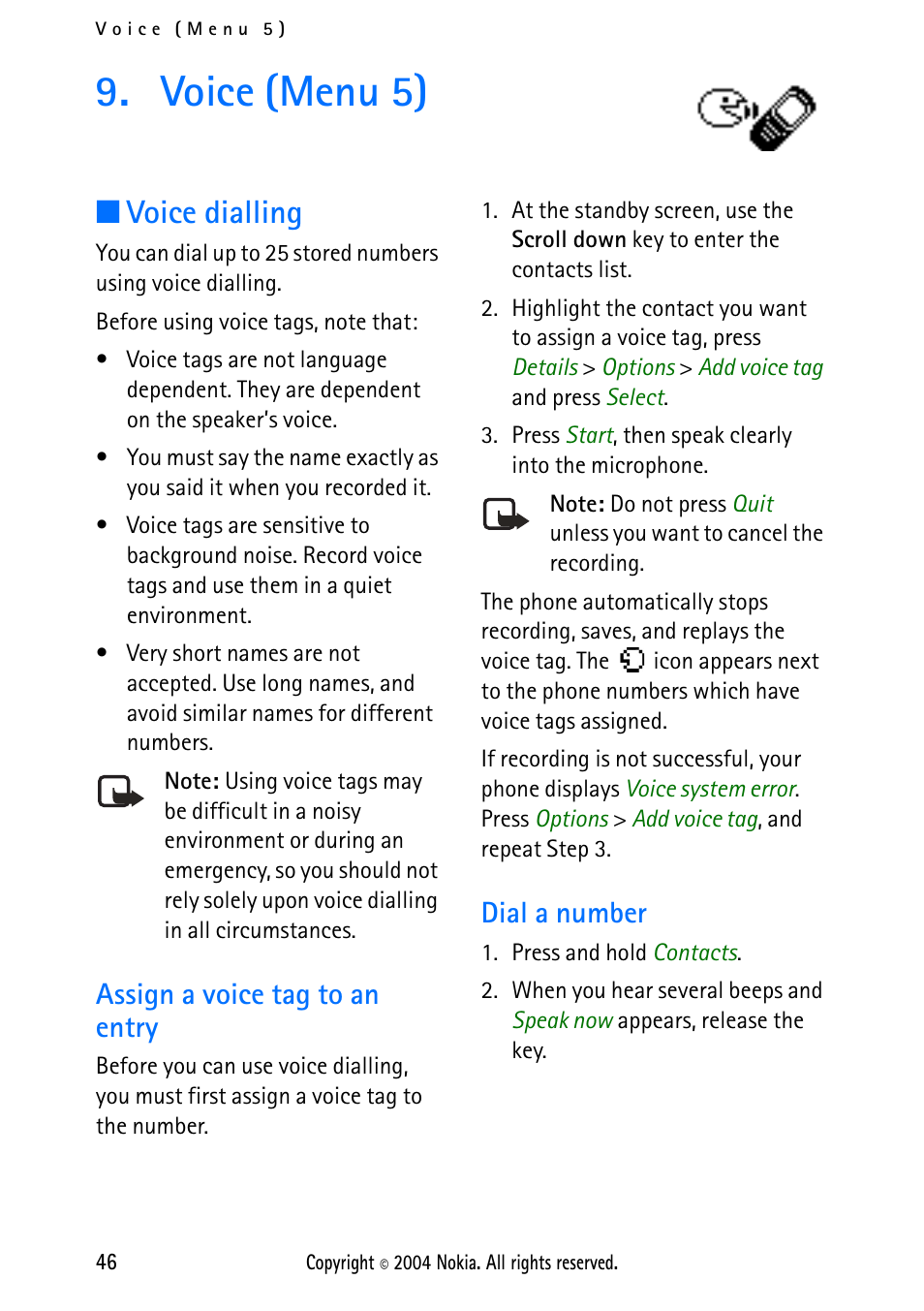 Voice (menu 5), Voice dialling, Assign a voice tag to an entry | Dial a number, Assign a voice tag to an entry dial a number | Nokia 2112 User Manual | Page 55 / 78