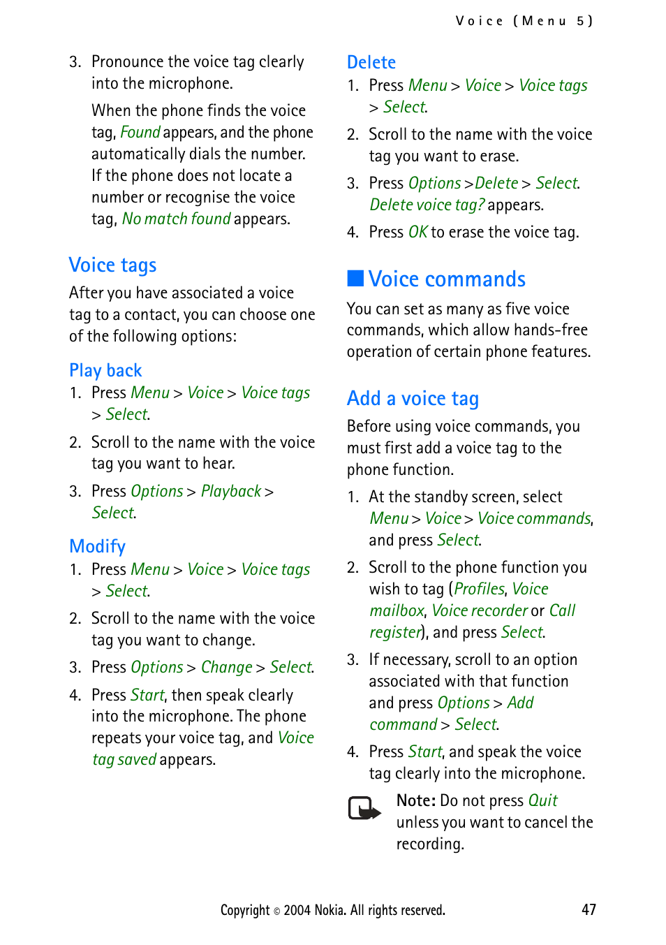 Voice tags, Play back, Modify | Delete, Voice commands, Add a voice tag, Play back modify delete | Nokia 2112 User Manual | Page 56 / 78