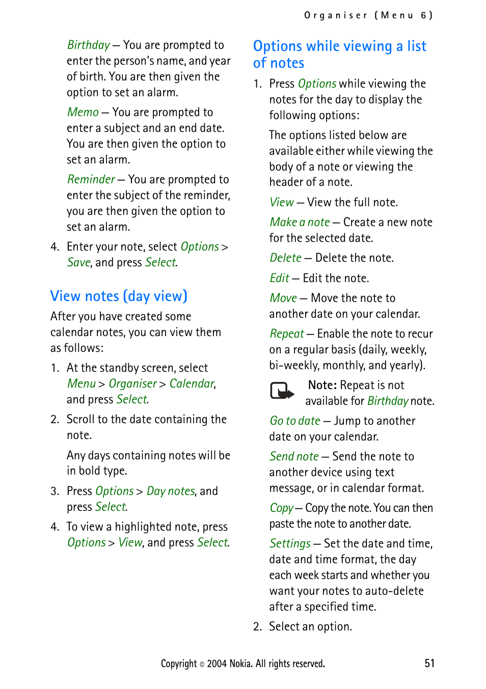 View notes (day view), Options while viewing a list of notes | Nokia 2112 User Manual | Page 60 / 78