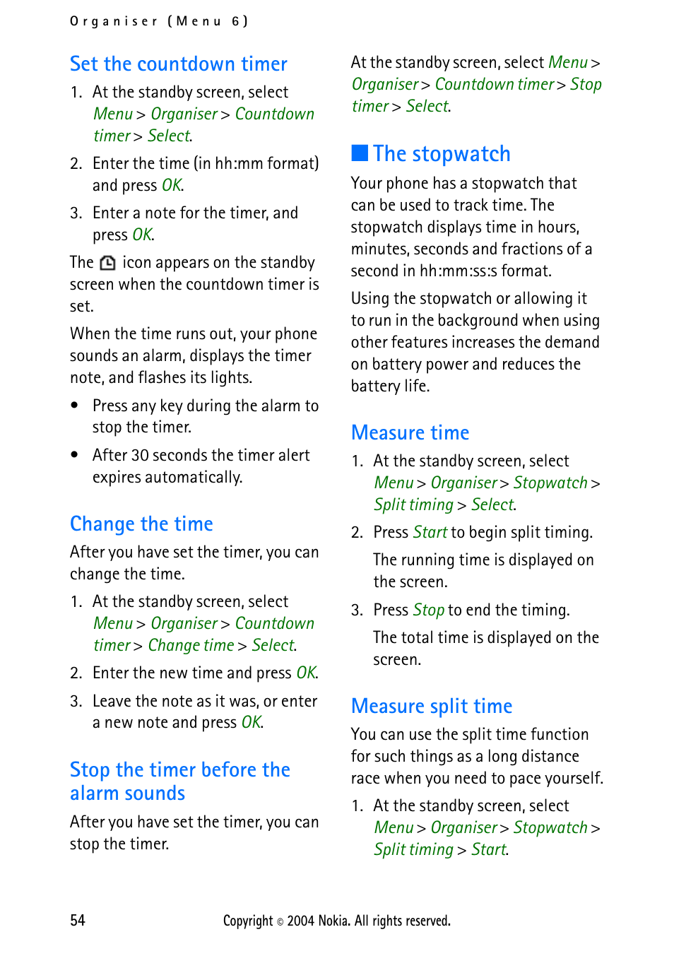 Set the countdown timer, Change the time, Stop the timer before the alarm sounds | The stopwatch, Measure time, Measure split time, Measure time measure split time | Nokia 2112 User Manual | Page 63 / 78