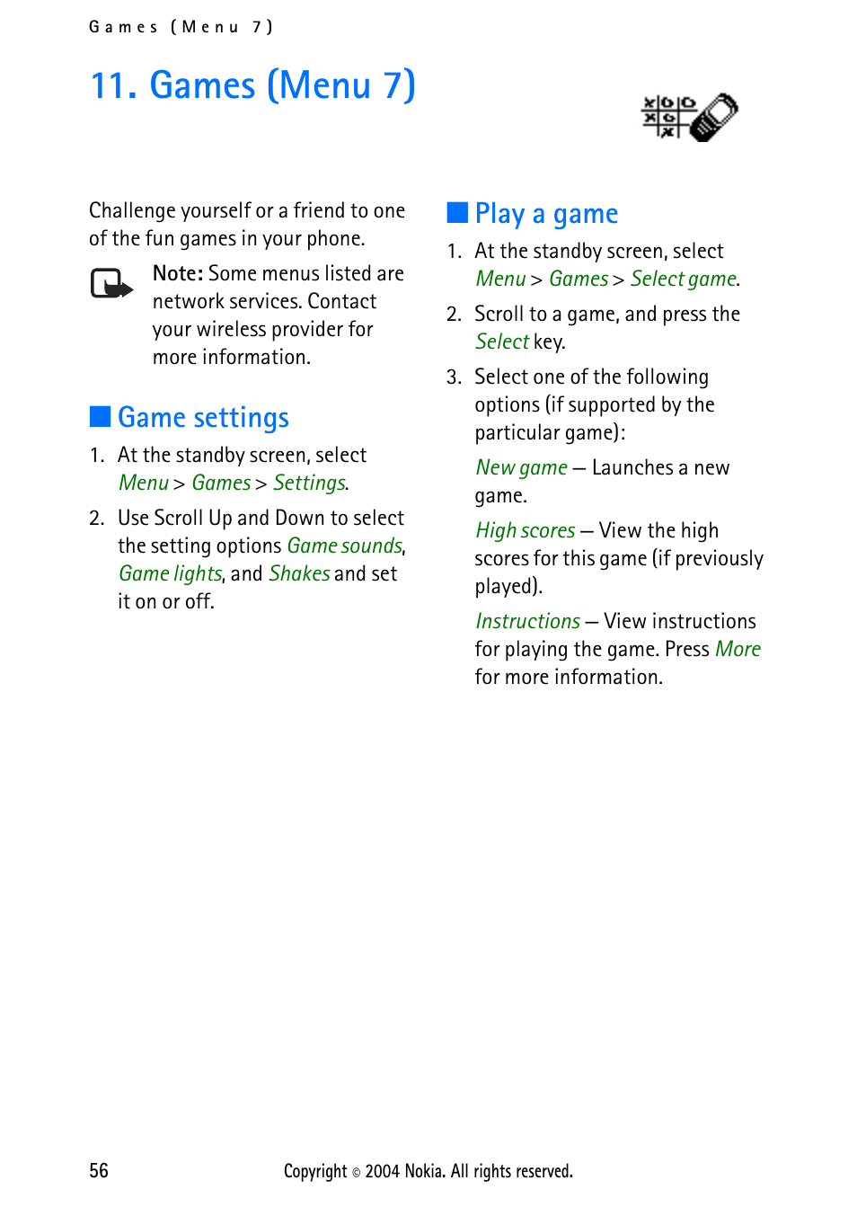 Games (menu 7), Game settings, Play a game | Game settings play a game | Nokia 2112 User Manual | Page 65 / 78