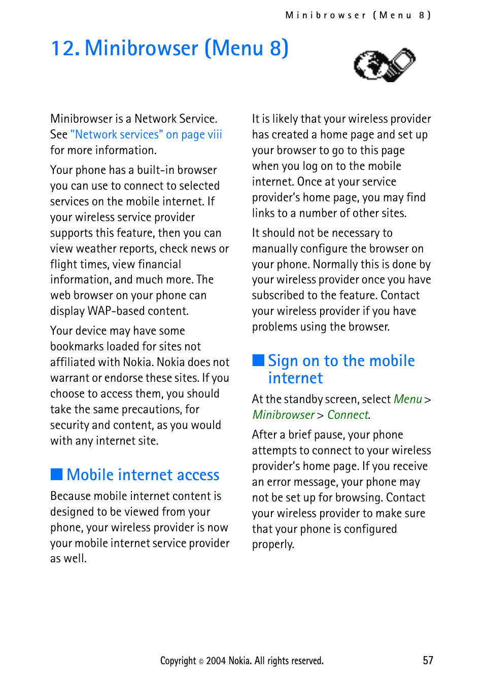 Minibrowser (menu 8), Mobile internet access, Sign on to the mobile internet | Nokia 2112 User Manual | Page 66 / 78