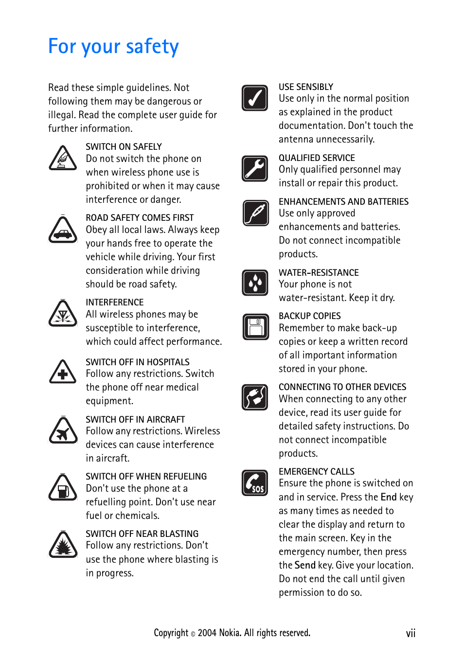 For your safety, For your safety............................ vii | Nokia 2112 User Manual | Page 7 / 78
