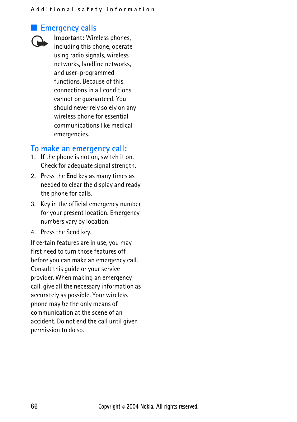 Emergency calls | Nokia 2112 User Manual | Page 75 / 78