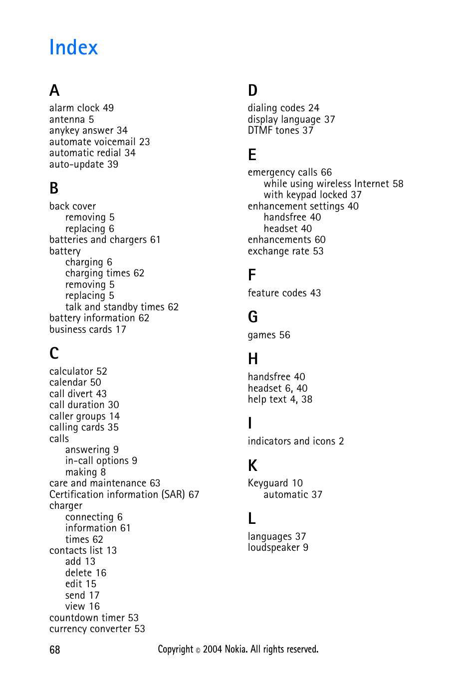 Index | Nokia 2112 User Manual | Page 77 / 78